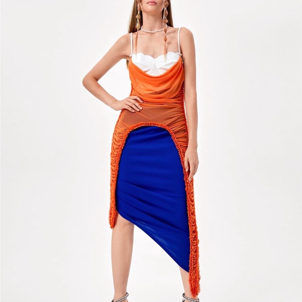 SHEIN X VNCIRCLE Colorblock Draped Ruched Asymmetrical Hem Cami Dress